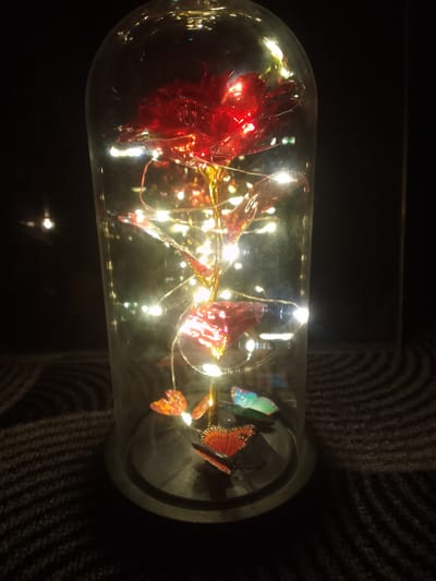 The image shows a decorative glass dome containing a red artificial rose with gold-colored leaves, illuminated by a string of warm white LED lights. The base of the dome is black and sits on a dark, textured surface. Several small, colorful artificial butterflies are placed around the base of the rose inside the dome. The background is dark and out of focus, with some faint reflections visible. The scene appears to be indoors. There is no indication of the city of Batken, Kyrgyzstan in the image.