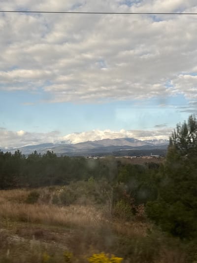 The image displays a wide landscape view, likely captured from a moving vehicle or through a window, near Tresserre, France. The scene is dominated by a distant mountain range in the background, featuring snow-capped peaks partially obscured by clouds. Below the mountains, a vast expanse of dark green coniferous trees forms a dense forest. In the middle distance, beyond the forest, several structures with reddish-brown roofs and a tall, slender white industrial chimney or tower are visible, indicating human settlement or activity. The foreground consists of natural terrain; to the left, dry, light brown fields with tall grass and sparse vegetation are present, while to the right, darker green trees and scrubland can be seen. Yellow flowering plants are present in the lower left, slightly out of focus. The sky above is partially overcast with numerous white cumulus clouds against a blue background. A thin, dark linear element, likely an overhead wire, traverses the top section of the image horizontally. Reflections are evident across the image surface, along with several circular smudges or droplets on the viewing medium. No individuals are depicted.