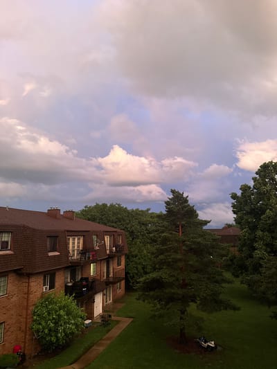 A high-angle, medium shot captures an apartment building with a brown, shingled roof and brick facade, situated amidst lush green trees under a dramatic sky filled with pink and purple-tinged clouds. The apartment building has multiple levels with visible windows, balconies, and chimneys. A tall pine tree stands prominently in the foreground to the right of the building, with a small utility vehicle parked at its base. The ground is covered in well-maintained grass, with a paved walkway leading towards the building. The scene appears to be in a residential area, possibly during twilight or a break in a storm, given the cloud formations and lighting.
