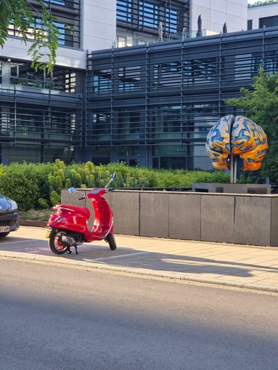 The image depicts an outdoor scene in Sanem, Luxembourg, illuminated by low-angle sunlight, suggesting either early morning or late afternoon. A vibrant red Vespa-style scooter is the prominent subject, parked on a light grey paved surface, facing slightly to the left with its right side visible. The scooter features chrome handlebars, mirrors, and trim, with a small yellow license plate affixed to its rear fender.
To the left of the scooter, the front bumper and grille of a dark grey vehicle, displaying a Luxembourgish license plate partially visible as "57-DM," are present. In the mid-ground, a large, artistic sculpture of a human brain stands on a dark grey concrete pedestal. The sculpture is rendered in a mosaic-like pattern of blue, orange, and light grey geometric shapes.
Behind the scooter and surrounding the brain sculpture, dense green foliage, comprising shrubs and small trees, forms a landscaped barrier. In the background, modern, multi-story buildings with extensive glass facades and dark horizontal louvers are visible. These structures feature light grey exterior paneling. A branch with green leaves partially intrudes into the top-left corner of the frame. The immediate foreground consists of an asphalt road, transitioning to a light-colored concrete sidewalk or paved area. Long, distinct shadows are cast across the ground from the right side of the frame. No individuals are present in the scene.