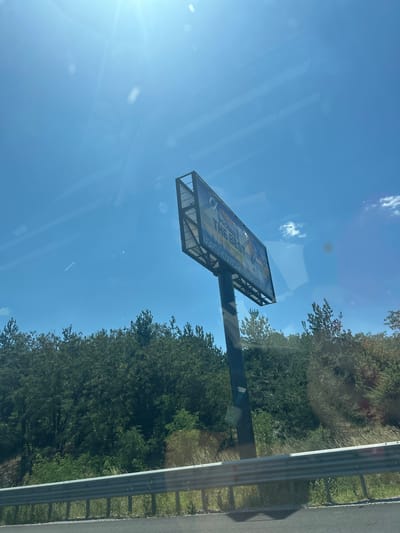 A low-angle, medium shot captures a large billboard situated in a rural setting, with a bright sun glaring down from the upper left corner, casting lens flares and obscuring details of the blue sky. The billboard, mounted on a dark metal pole, displays an advertisement with prominent text reading "PROBABLY THE BEST" in a large, white, sans-serif font. Below this, a line of text in a smaller, less legible font is visible. The billboard's content appears to be a vibrant advertisement featuring two individuals, one in a suit and another in casual attire, suggesting a promotional campaign.
The billboard stands against a backdrop of a dense, green forest with varying shades of green indicating different types of foliage and tree heights. The forest line extends across the middle ground of the image. In the foreground, a metal guardrail, typical of roadside infrastructure, runs horizontally, separating the viewer's perspective from the grassy area and the dark asphalt of a road. The overall environment suggests a roadside location, likely along a highway or main road in a rural or semi-rural area. The specific location in Vakarel, Bulgaria, is provided as context, though it is not visually discernible from the image alone. The day is sunny and clear, with a few small, wispy clouds visible in the sky.