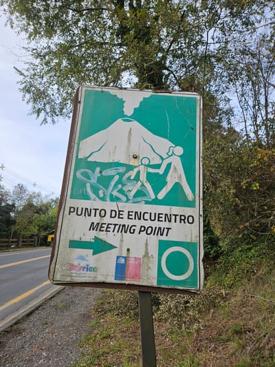 The image shows a rectangular green and white sign for a "Meeting Point" (Punto de Encuentro) in Villarrica, Chile. The sign features a white silhouette of a mountain (likely referencing the Villarrica volcano) with a person climbing it, as well as a green circle. The text "Punto de Encuentro" and "Meeting Point" are printed vertically in white. An upward-pointing green arrow is beneath the text. The sign is partially obscured by white graffiti scribbles. The lower part of the sign includes a logo for "Villarrica, Paraiso Lacustre" and text mentioning the "Ilustre Municipalidad de Villarrica," which translates to Illustrious Municipality of Villarrica. Above this, there are small stickers representing ONEMI (Oficina Nacional de Emergencia del Ministerio del Interior y Seguridad Pública) and "Memo de Chile". The sign is mounted on a metal post. The background reveals trees, some sky, and a road. The picture is taken outdoors during the daytime.