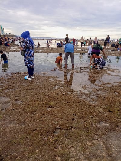 The scene is a beach in Pameungpeuk, Indonesia, located at coordinates -7.668 latitude and 107.694 longitude. The beach is covered in sand and rocks. There are several people in the scene, some are wading in the shallow water, others are standing on the shore, and some are sitting on the rocks. There is a woman in a blue headscarf standing on the shore, a man wearing a blue shirt standing in the water, a man and woman fishing, and a young boy walking toward the water. The scene is lit by the afternoon sun, and there are clouds in the sky.