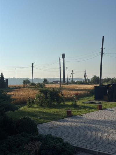 The image depicts a rural landscape under a clear, pale blue sky, likely in the vicinity of Chemerivtsi, Ukraine, given the presence of agricultural fields and utility infrastructure typical of the region. In the foreground, a paved walkway made of grey interlocked pavers leads towards a lush green lawn. To the left, dense evergreen shrubs and trees create a dark, shadowed area, contrasting with the sunlit parts of the scene.
Dominating the mid-ground is a field of golden wheat or barley, stretching towards a line of trees and rolling hills in the distance. Several tall wooden utility poles with crossbars and numerous electrical wires crisscross the landscape, indicating a power grid. Among these, a distinctive tall, cylindrical water tower stands to the left of the frame, a common feature in rural settlements for water supply. To the right, a dark, shed-like structure with a sloped roof is visible, with some materials or equipment partially obscured within its opening.
In the foreground lawn area, there are two small, red cylindrical objects placed near the walkway, possibly planters or decorative elements. A small cluster of rose bushes with red blooms adds a touch of color to the green grass. The overall impression is one of a tranquil, rural setting on a bright, clear day, with a mix of natural and man-made elements. No people are visible in the image.