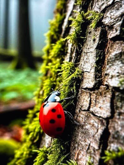 A close-up, slightly blurred, vertical shot captures a red ladybug with black spots climbing on the rough, textured bark of a tree. The tree is covered in vibrant green moss, which also grows in the out-of-focus background, suggesting a natural, wooded environment. The lighting is soft and diffuse, creating a shallow depth of field that emphasizes the ladybug and the immediate surroundings of the tree. The overall mood is tranquil and focused on the intricate details of nature. The location in Pastavy, Belarus, is not evident from the visual information provided in the image.
