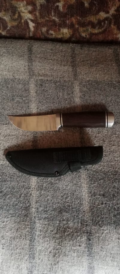 The image shows a hunting knife with a dark wooden handle and a silver blade, placed on a grey, textured surface. Below the knife is its black nylon sheath, which is also lying on the same surface. The surface appears to be a rug or carpet with a coarse texture. In the background, a patterned fabric, possibly upholstery, is visible. The scene is well-lit, allowing for clear visibility of the knife and its sheath. The image does not contain any information that would indicate a specific location in Marinovka, Kazakhstan, or any other geographical context. There are no people or any actions depicted in the image.