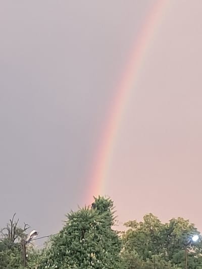 The image shows a sky with a rainbow arc visible. In the lower portion of the image, there are green trees. A lamppost with a light fixture is also visible among the trees on the left side, and another lamppost with a lit fixture is present on the right. The scene appears to be an outdoor environment in the city of Yutsa, Russia.
