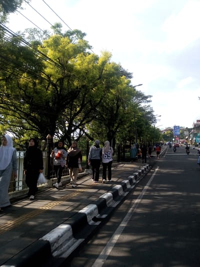 The image depicts a street scene in an urban setting. A group of women, some wearing hijabs, are walking along a sidewalk. The sidewalk is bordered by a black and white curb. A line of trees with dense foliage runs along the edge of the sidewalk, casting shadows on the road. Electrical wires are visible above the trees. The road shows a mix of vehicular traffic, including cars and motorcycles. Buildings can be seen in the background. The sky is partially cloudy.