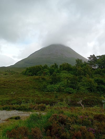 This is a photograph of the mountain peak of a large, conical mountain, partially obscured by clouds. The mountain's slopes are covered in a muted green vegetation that transitions to darker green trees in the mid-ground. The foreground consists of a gently sloping, grassy hillside with patches of heather and a gravel path on the left. A single, weathered tree stands in the mid-ground, and a fence runs horizontally across the scene. A signpost with text is visible on the right side of the image. The sky is overcast with gray clouds. This appears to be a landscape photograph taken in the Isle of Skye, United Kingdom.