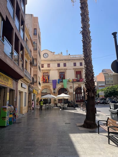 The image captures a sun-drenched urban street scene in Sagunto, Spain, likely in a central plaza. The architecture suggests a historic European city, with a prominent building in the background featuring a large clock and flags, indicative of a town hall or similar civic structure. The street is paved with stone tiles, and on the left, a modern building with brick facade and glass balconies stands in contrast to older structures.
In the foreground, a large palm tree dominates the view, its weathered trunk casting a shadow on the pavement. The street is lined with businesses, one on the left with a yellow awning displaying text that includes "NTACION" and "SINGH DHILLON." Further down the street, a cafe or restaurant area is set up with tables and umbrellas, some occupied by a few people.
Two individuals are visible in the mid-ground. One person, wearing a bright pink outfit, stands near a vending machine. Another person in a high-visibility vest is standing by a scooter, suggesting they might be an employee or security personnel. The background shows more buildings and parked cars on a street beyond the plaza. The sky is clear and blue, indicating fair weather. The overall impression is a bustling yet relaxed public space.