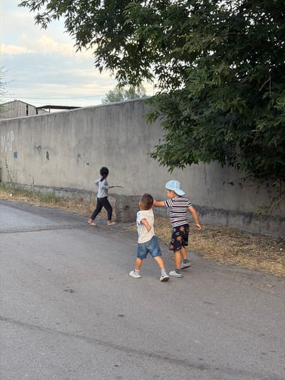 In Kant, Kyrgyzstan, three children are on an asphalt road near a concrete wall. A young girl with dark hair tied in a ponytail, wearing a grey long-sleeved shirt and dark pants, walks barefoot and holds a stick. To her right, two boys are interacting. One boy wears a light-colored t-shirt and denim shorts, with grey shoes and socks. The other boy is wearing a striped t-shirt, a light blue baseball cap, and dark shorts with a palm tree pattern, also wearing grey shoes and socks. The concrete wall behind them is weathered and has some graffiti. Dry grass and weeds grow along the base of the wall. Overhanging tree branches with green leaves are visible in the upper right portion of the image. The sky above appears cloudy.