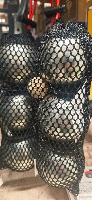 Several silver-colored bocce balls are arranged in two black mesh bags. The bags overlap slightly, and the bocce balls are visible through the mesh. One bocce ball has a bronze color and is wedged between two silver balls in the top bag. A red drawstring and black toggle are visible on the left side of the frame. The background is slightly blurry, with hints of other objects and surfaces.