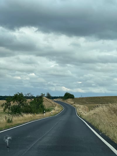 An asphalt road curves through a rural landscape under a cloudy sky. The road has white dividing lines and is bordered by dry, golden grass and sparse trees. Several small, dark objects, possibly birds, are visible in the sky. The overall impression is one of a somber, overcast day in a countryside setting, likely in Bech, Luxembourg, given the road markers and vegetation.