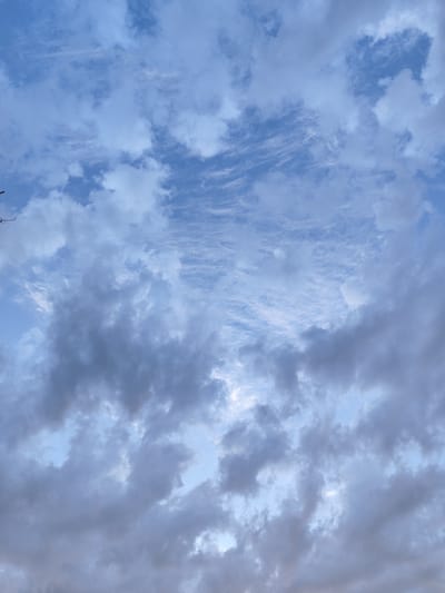 The image is a medium shot of a sky filled with a mix of light and dark clouds. The sky transitions from a pale blue at the top to darker shades of gray and blue towards the bottom. Some of the clouds are wispy and thin, resembling brushstrokes, while others are thick and billowy. The lighting suggests it is either early morning or late evening. There are no people, objects, or text visible in the image, and the scene is solely focused on the sky. The weather appears to be partly cloudy with potential for rain given the darker cloud formations. The location context of Dolan, Kazakhstan, does not provide any discernible cues within the image itself. The overall impression is one of a natural, atmospheric sky.