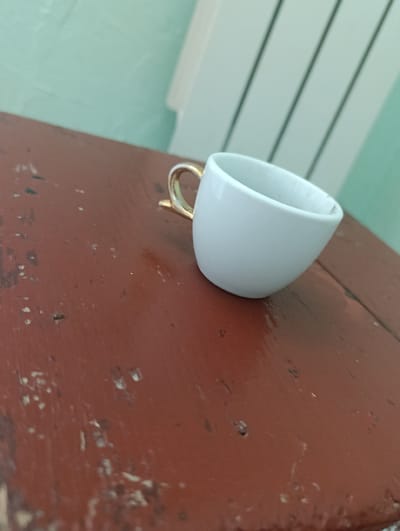 A white ceramic cup with a gold handle is placed on a weathered reddish-brown wooden surface. The cup is slightly tilted towards the viewer. The background consists of a light green wall with faint vertical lines and a white object that appears to be a radiator or a piece of furniture. The lighting suggests it is daytime, possibly indoors or in a sheltered outdoor area. There are no people or animals present in the image. The scene is devoid of any specific indicators of its location in Marshyntsi, Ukraine.