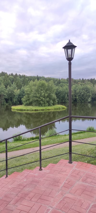 A medium shot captures a serene outdoor scene with a body of water, a small island, a lush forest, and architectural elements. In the foreground, a set of red brick stairs leads to a black metal railing that stretches across the frame, separating the viewer from the water. A black lamppost stands prominently on the right side, its glass panes reflecting the overcast sky. Beyond the railing and the water, a small, verdant island is visible, covered in grass and a cluster of trees. The background is dominated by a dense, green forest that extends across the horizon. The sky is filled with soft, grey clouds, indicating an overcast day. The image appears to have been taken in or around Росинка Кп, Russia, based on the provided context.