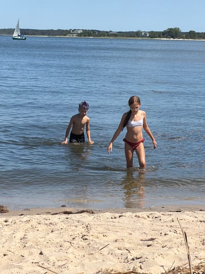 The media file depicts a bright, sunny day at a beach in Flanders, USA. Two young individuals are in the water near the shore. In the foreground, a young person with purple-dyed hair, wearing black swim trunks, stands in the water, leaning forward and looking to the left. Their arms are resting on the surface of the water, and they appear to be enjoying themselves. Further back and to the left, a young person in a white bikini top and red bottoms is partially submerged in the water, striking a pose with their arms outstretched. They are wearing glasses and looking down.

The scene is set on a sandy beach with clear, blue water. The water is calm with gentle ripples. In the background, a thin strip of green vegetation lines the shore, with some buildings visible amongst the trees, suggesting a coastal or lakeside community. The sun is high in the sky, casting reflections on the water and highlighting the sandy texture of the beach. A sailboat with a white sail is visible on the water in the far left of the image. The overall mood is one of leisure and summer fun.