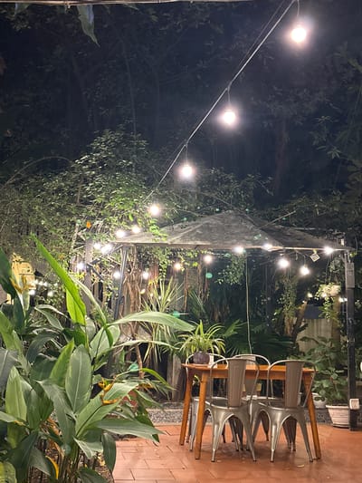 The image depicts an outdoor seating area at night, likely a restaurant or cafe, in Kampot, Cambodia. A wooden table is set with four metal chairs, all facing the viewer. String lights illuminate the scene, hanging above a canopy-like structure that appears to be part of the establishment's outdoor dining area. Lush green foliage surrounds the seating area, with large tropical plants in the foreground. The ground is paved with reddish-brown tiles. In the background, trees and other vegetation are visible, their forms softened by the darkness and the artificial light. There are no people present in the frame. The overall atmosphere is serene and inviting, suggesting a pleasant evening dining experience.