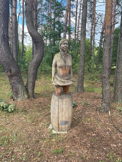 A wooden sculpture of a woman stands on a barrel in a forest. The sculpture is made of carved wood, depicting a woman with braided hair, a smiling face, and a dress. She is mounted on a wooden barrel, which is placed on a concrete base. The background is a forest with tall pine trees and lush green foliage. The ground is covered with pine needles, dry leaves, and some sparse grass. The sky is visible through the trees, with some clouds. The location is identified as Sielachowskie, Poland.