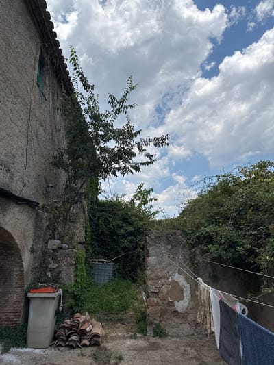 This is a vertical, outdoor, medium-shot photograph taken in l'Ametlla del Vallès, Spain. The scene depicts a rustic, overgrown courtyard or backyard. The foreground shows a textured, pale gray building with a tiled roof and a small green mesh-covered opening. To the right of the building, a stack of curved, terracotta roof tiles is leaning against a rough stone wall. Further into the scene, a large, gray trash bin with an orange lid is visible, and behind it, a tall, metal, grid-like structure is partially obscured by lush green foliage.
A young tree with slender branches and dark green leaves grows from the building's wall, reaching towards the sky. The wall itself is ancient and crumbling, with patches of plaster and exposed stones. Overgrown ivy and other vegetation creep up the walls and spill over the edges of the structures, suggesting a lack of recent maintenance.
The sky above is a bright blue, dotted with dramatic, fluffy white clouds. The lighting suggests it is daytime, likely late morning or early afternoon, with the sun casting soft shadows. The overall mood is one of quiet disarray and natural overgrowth, hinting at a rural or semi-rural setting that has been left to nature's embrace. There is no visible text in the image.