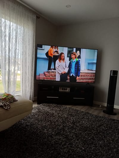 The image depicts an indoor living room scene. A large flat-screen television is mounted on a black media console, displaying a scene with two young individuals standing on a set of outdoor steps. A sheer white curtain with an ornate pattern covers a window to the left of the television. In the foreground, a thick, dark grey shag rug covers the floor, and a portion of a light-colored upholstered ottoman with folded fabric on top is visible on the left. To the right of the television, a tall, black speaker or air purifier stands against a grey wall. The image does not contain any identifiable landmarks or features that would place it specifically in Morden, Canada.