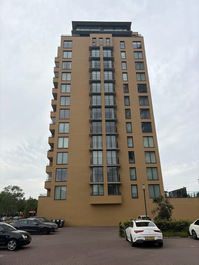 A low-angle exterior shot captures a tall, modern, tan-brick apartment building against an overcast sky. The building has a flat roof with a darker, cantilevered section and features numerous windows and balconies. On the ground level, there is a paved parking area with several cars, including a white Mercedes-Benz sedan with license plate ZL-194-H, a dark gray sedan, and a black hatchback. Greenery, including bushes and trees, borders the building and parking area. A lamppost stands near the white Mercedes. The scene appears to be in a residential area of Rijswijk, Netherlands, possibly near the intersection of Van Royenweg and Van der Kooijstraat, given the architectural style and the presence of the specific license plate. There are no visible people in the image.