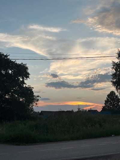 This image depicts a sunset scene in the village of Ludorvay, Russia. The sky is a canvas of soft blues, grays, and oranges, with clouds streaked across the horizon. The sun, a bright orange glow, is partially obscured by a thin band of clouds. Silhouetted against the sky are the dark forms of trees, one on the left and another on the right, with their leaves lush and full. Below the trees, a dense line of green vegetation and tall grass creates a natural barrier. In the background, the dark roofs of houses are visible, hinting at the residential nature of the area. A power line stretches horizontally across the upper portion of the frame, with two parallel wires. The foreground shows a grey asphalt road with white markings, suggesting it is a public thoroughfare. The overall atmosphere is one of peaceful twilight in a rural Russian setting.