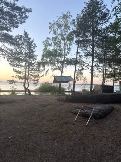 The image displays a tranquil natural landscape at either sunrise or sunset, with a soft gradient sky transitioning from light blue overhead to warm peach and orange hues near the horizon. A large body of water, likely a lake, stretches across the midground, reflecting the sky's gentle colors.
The foreground is dominated by tall, dark pine trees, their branches silhouetted against the bright sky, and some deciduous trees with lighter green foliage. The ground is dry and earthy, covered with pine needles, scattered grass, and small stones. On the right side, a single folding camping chair with a brown fabric seat and silver frame is placed on this ground, beside what appears to be a large tree trunk or boulder.
Along the water's edge, a small, dark structure with a metallic roof is visible, possibly a gazebo, shelter, or part of a small pier. Further in the distance, partially obscured by trees, a black sign with white Cyrillic lettering is discernible. The text reads "ПАРНАЯ," which translates to "sauna" or "steam room."
The scene is devoid of people, evoking a sense of peaceful solitude. The calm water surface shows subtle ripples, indicating a gentle breeze. This serene setting, featuring characteristic trees, a body of water, and the "sauna" sign, is consistent with a recreational area in a natural environment like Zerendi, Kazakhstan.