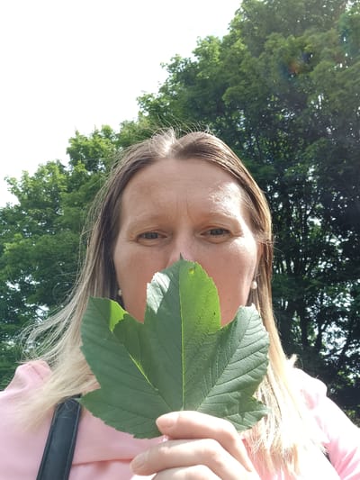 The image is a close-up, vertically oriented selfie of a person outdoors. The subject is partially obscured by a large, green leaf held in front of their face. Only one eye, a portion of the forehead, and some of their blonde hair are visible. The person is wearing a pink garment, possibly a shirt or jacket, and a black strap is visible across their shoulder. A small pearl earring is also noticeable.
The background consists of lush green trees and a bright, white sky, suggesting it is daytime with clear weather. The lighting indicates a sunny day, with some lens flare visible in the lower right portion of the image. The overall mood appears casual and relaxed, possibly a moment captured during an outdoor excursion. No text is visible in the image. The location context is Middlesbrough, United Kingdom, though this is not visually evident within the frame itself.
