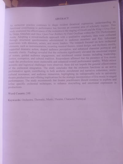 The image displays a page from a book or document with text. The text appears to be an abstract and keywords from a study. The abstract discusses the effectiveness of an orchestra in theatrical performances, specifically mentioning a study of "Death and the King's Grey Hair" by Femi Osofisan at TSU Performance Arena. It details a mixed-methods approach, data collection, and findings related to musical elements, audience engagement, and emotional impact. The keywords provided are "Orchestra, Thematic, Music, Theatre, Character Portrayal." There is no visual information related to the city of Magajin Gari, Nigeria, in the provided image.