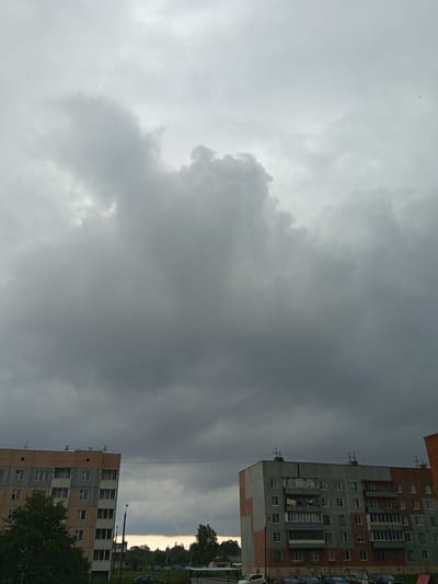 The image depicts a cloudy sky over a residential area in Gdov, Russia. Two multi-story apartment buildings are visible in the foreground, one on the left with beige and grey facades and the other on the right with grey and brick-red facades. A mature tree with dense green foliage is situated to the left of the first building, partially obscuring its lower floors. The sky is dominated by heavy, dark grey clouds, suggesting overcast weather or an approaching storm. A few scattered cars are parked on a road in the background, and a power line stretches horizontally between the two buildings. The overall impression is that of a typical urban landscape under a dramatic sky.