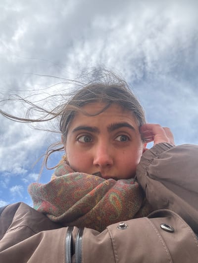 A low-angle close-up captures a young person from the chest upwards, framed against an overcast sky with patches of blue. The individual, with light brown hair swept by wind, gazes upwards and to the right with wide, light-colored eyes. The left hand is raised to the side of the head, fingers resting near the temple and ear. The person wears a brown jacket with visible stitching, a zipper, and a snap closure on the collar area, along with a multi-colored scarf featuring a paisley-like pattern in red, green, orange, and cream, wrapped around the lower face, partially obscuring the mouth and chin. The scene takes place outdoors in the Arava Tichona Regional Council, Israel.