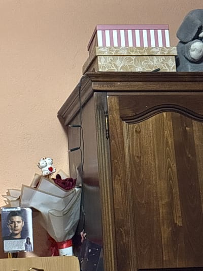The image shows a close-up, rotated view of a shelf with various items. The primary subjects are several boxes, one with pink and white stripes, another with a floral pattern, and a third that is partially obscured. To the left, a portion of a gray, stuffed animal, possibly a rabbit, is visible. The shelf itself is made of dark wood with a visible grain. A decorative curved molding runs along the edge of the shelf. A small, brass-colored hinge is visible on the underside of the shelf. Below the shelf, string lights with two dark bulbs are draped. A bouquet of flowers, wrapped in white and featuring red ribbons, is also present. A small white object with red spots, possibly a decorative figurine, is near the flowers. At the bottom right, a small, rectangular object resembling a framed photograph or book cover displays a portrait of a man. Visible text on this item includes "Superstar". The scene appears to be indoors, possibly a home or shop, with a plain, light-colored wall in the background. The lighting suggests it is daytime.