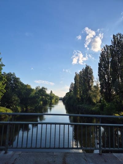 The image depicts a serene river flowing through a verdant landscape, likely in the city of Landshut, Germany. A metal railing, part of a bridge or walkway, occupies the foreground, separating the viewer from the tranquil water. The river reflects the clear blue sky, dotted with fluffy white clouds, and the lush green trees that line its banks. The trees on the right are tall and slender, reaching towards the sky, while those on the left are more densely packed, forming a thick canopy. The overall impression is one of natural beauty and peacefulness, with the man-made structure of the bridge providing a point of observation.