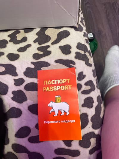 A passport-style booklet with an orange cover is placed on a patterned surface. The cover has the words "ПАСПОРТ PASSPORT" printed in gold lettering at the top. Below this, there is an illustration of a white bear holding a book with a cross on its cover. At the bottom of the cover, the text "Пермского медведя" is also printed in gold. The patterned surface appears to be fabric with irregular dark and light brown shapes. To the right of the booklet, a person's leg wearing a gray sock is visible. The background consists of a wooden floor and a portion of a cardboard box. The scene is illuminated by artificial light. The location is not discernible from the image.