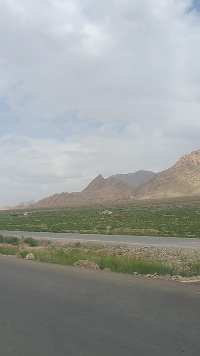 This landscape photograph captures a rural scene in Khanai Baba, Pakistan, under a partly cloudy sky. The image is currently rotated 90 degrees clockwise.
In the background, a range of imposing, barren mountains rises, characterized by their rocky, arid slopes in shades of brown and tan, exhibiting visible geological layers and erosion patterns. Below these mountains, in the middle ground, lies a vibrant strip of green land, likely agricultural fields or cultivated areas, indicating some form of farming or pastoral activity. Within these green fields, a few small, simple structures, possibly tents or shelters, are faintly visible. There are also very small, indistinct dark shapes that could be grazing animals.
The foreground is dominated by a dark asphalt road, running parallel to the fields and mountains. The road has a rough, gravelly shoulder where sparse green vegetation grows. The road appears deserted, with no vehicles or people visible.
The scene is set during the daytime, likely late morning or early afternoon, with a soft, diffused light suggesting overcast or partly cloudy weather conditions, as evidenced by the lack of strong shadows. The overall impression is one of quiet, natural beauty in a remote, mountainous agricultural region. No specific activities are clearly taking place, and there is no visible text in the image.