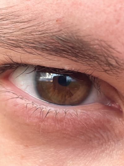 A close-up view of a brown human eye. The surrounding skin shows details such as hair follicles and wrinkles. The eyebrow is visible. The eye shows a reflection of a building. There is no information in the image to identify the location as Makariopolsko, Bulgaria.