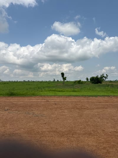 The image depicts an outdoor scene in Garin Dogo, Nigeria. The perspective is vertical, with the ground occupying the right side and the sky the left.

The foreground consists of a vast expanse of dry, reddish-brown earth, suggesting a rural or undeveloped area. The texture of the soil appears granular, with some faint parallel lines indicating possible tire tracks or disturbances on the surface. A dark shadow encroaches from the right edge, possibly from a person or object outside the frame.

Transitioning from the earth, a strip of vibrant green grass stretches horizontally across the middle ground, marking the boundary between the dry ground and the sky. Within this grassy area, several trees are scattered, ranging in size from small shrubs to larger, more established trees with dense canopies. One tree, particularly prominent, stands to the left of the grassy strip, its silhouette clearly defined against the sky.

The background is dominated by a bright blue sky filled with dramatic, fluffy white cumulus clouds. These clouds are voluminous and detailed, catching the sunlight and creating a dynamic contrast with the clear blue sky behind them. Some of the clouds appear wispy and scattered, while others are more consolidated and voluminous.

The scene suggests a time of day with ample sunlight, likely daytime, given the brightness of the sky and the casting of shadows. The weather appears fair, with sunshine and clouds, possibly indicating a warm day. The combination of the dry earth, the green vegetation, and the scattered trees points to a natural landscape, characteristic of rural Nigeria. No people, objects, or text are clearly visible in the image.