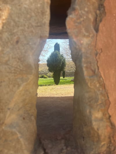 The image shows a view of a garden through a gap in a stone wall. The garden contains trees, green bushes, and a grassy area. The foreground consists of a rough stone surface, forming the borders of the opening. The image is taken in Vera de Moncayo, Spain, evidenced by the architectural style and natural landscape visible through the opening. No people are visible in the frame.