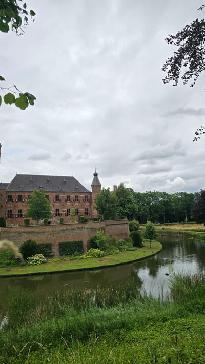 The image depicts a historic brick castle with a dark conical tower, situated in 's-Heerenberg, Netherlands. The castle is surrounded by a moat and a brick wall. Lush green trees and manicured bushes surround the castle, with tall reeds and grasses growing along the edge of the moat. The sky is overcast with clouds. Two figures are visible walking on the castle grounds near the moat. Several ducks are swimming in the moat. The image is taken from a vantage point slightly elevated, looking towards the castle and the water.