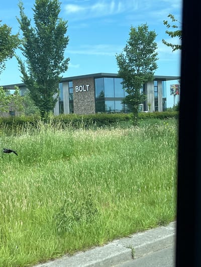 The image shows a modern building with the name "BOLT" in large white letters on its facade. The building has a stone-clad lower section and large glass windows on the upper floors. It is surrounded by lush green grass and trees, suggesting a suburban or semi-rural setting. In the foreground, a bird, possibly a crow, is captured mid-flight over the tall grass. The sky is blue with some wispy clouds. A concrete curb is visible at the bottom of the image. There are no discernible people or specific landmarks that would definitively place this scene in Leeuwarden, Netherlands, based solely on the visual information provided.