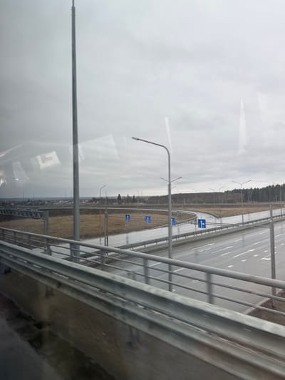 The image shows a view from a vehicle, likely a car or bus, traveling on a highway near Kukushtan, Russia. The highway has multiple lanes in each direction, separated by a median with road signs indicating directions of travel. Streetlights line the highway. Beyond the road, there is a strip of grassland or open field, bordered by a line of trees in the distance. The sky is overcast and grey, suggesting a cloudy day. The scene appears to be taken from a bridge, as railings are visible in the foreground. The road surface appears wet, possibly due to recent rain.