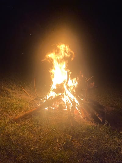 A campfire burns brightly at night in a grassy area. The fire is the central subject, with flames reaching upwards and illuminating the surrounding wood and ground. The background is dark, suggesting it is nighttime. There are no people visible in the image. The location is identified as Batak, Bulgaria.