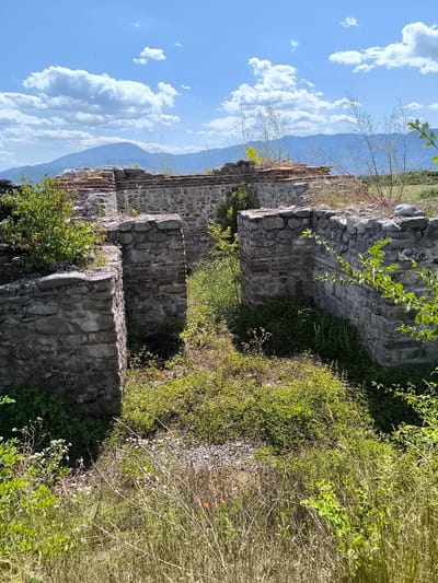 The image depicts the ancient Roman ruins in Garmen, Bulgaria. The ruins consist of stone walls, some of which are partially intact, with visible layers of brickwork. The structures are surrounded by abundant vegetation, including tall grasses, bushes, and small trees. In the background, distant mountains are visible under a bright blue sky with scattered white clouds. The scene is bathed in sunlight, indicating it is daytime. There are no people or animals visible in the image, and no actions or interactions are taking place. The overall environment is one of an archaeological site in a natural setting.