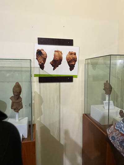 This media file shows a museum exhibit featuring ancient artifacts. The primary subjects are three clay figurines, possibly heads, displayed on a white card mounted on a dark background. These figurines appear to be anthropomorphic and show signs of age and detailed craftsmanship, with visible textures and forms suggesting human-like features.
In the background, there are glass display cases, indicating an indoor museum setting. One case showcases another clay artifact, a head with distinct features, resting on a white pedestal. A label next to this artifact reads "PANGWRI" and "Pangwari, trench E, feature 10. Fragment of anthropomorphic head with unusual physiognomic design." This text provides specific information about the artifact, including its origin and characteristics.
The overall scene is illuminated by artificial lighting, casting shadows on the wall and the display cases, suggesting an indoor environment. The wall is a light, neutral color. The exhibit appears to be organized with care, presenting historical objects to the public. The context provided suggests the location is Unguwar Shanu, Nigeria, which aligns with the potential cultural significance of the artifacts. The mood is one of historical preservation and educational display.