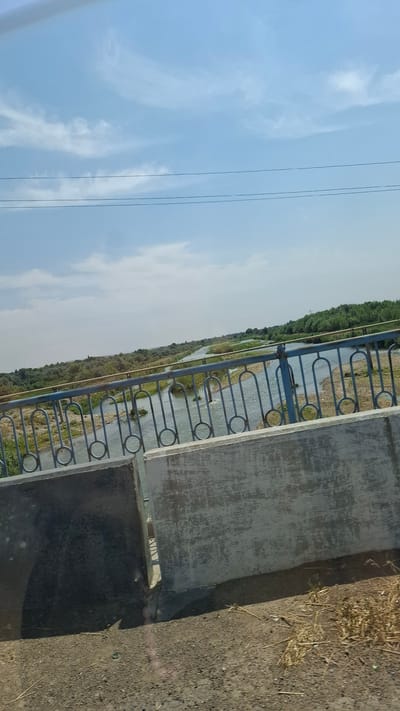 This is a vertical, eye-level, medium shot of a river as seen from a bridge. The sky is a light blue with scattered clouds. In the foreground of the image is a concrete barrier and a metal railing. Beyond the railing, a river flows with visible banks covered in pebbles and vegetation. The river is relatively narrow and appears to be in a rural or semi-rural area, with trees and greenery lining the banks in the distance. The scene is brightly lit by sunlight. The location is identified as a bridge in the city of Құтарыс, Kazakhstan. There are no people or animals visible in the image.