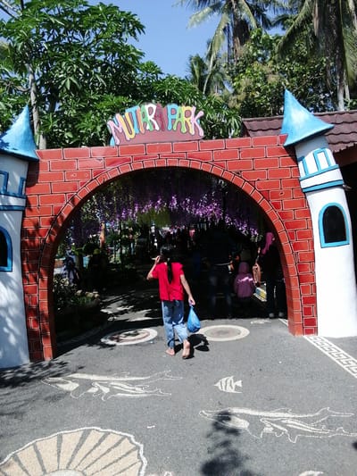 A wide shot captures the entrance to "Mutiara Park" in Tegalwangi, Indonesia, bathed in bright daylight under a clear blue sky. The entrance is a vibrant, arched structure resembling a castle gate, constructed with red brick-like material. Two white towers with blue conical roofs flank the archway, adding a playful, whimsical touch. The phrase "MUTIARA PARK" is prominently displayed above the arch in colorful, blocky letters.
The ground leading up to and through the arch is paved with dark asphalt, decorated with intricate mosaic patterns of sea creatures, including fish and dolphins, as well as a sunburst design. Cascading purple flowers hang from the top of the archway, creating a canopy effect as visitors pass through.
Several people are visible, with the main focus on a young person in the foreground wearing a red shirt and blue jeans, walking away from the camera and into the park. This individual is carrying a bright blue plastic bag and is barefoot. Other figures, including children and adults, can be seen further into the park, some obscured by the foliage and the arch.
The scene suggests a leisurely day out at a recreational park. The lush green trees and palm fronds visible in the background, along with the sunny weather, indicate a warm, tropical climate. The overall atmosphere is cheerful and inviting, typical of a family-friendly tourist attraction.