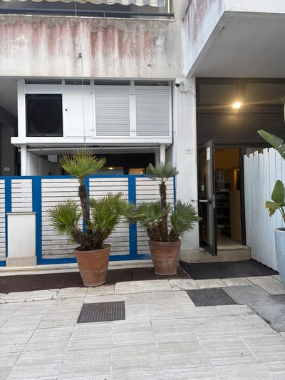 The image depicts the exterior of a building in Otranto, Italy, at number 89. In the foreground, two potted palm trees stand on a tiled walkway. To the left, a blue and white striped fence runs horizontally, behind which is a white structure with louvred windows and a black grate. A security camera is mounted on the building's white exterior wall to the right of the louvred windows. Further to the right, a glass door is ajar, revealing a brightly lit interior with shelves and what appears to be a desk or counter. A person is partially visible inside. To the far right, a large plant in a grey pot is visible. The building's facade shows signs of age, with weathered concrete and peeling paint on the upper sections. The ground is paved with light-colored square tiles, and there are metal grates and a square manhole cover visible.