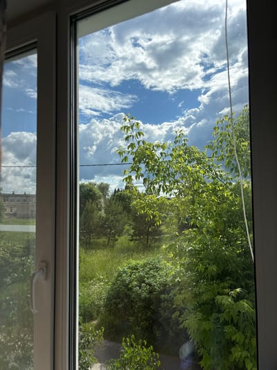 This image presents a view through a white-framed window overlooking a natural landscape with a building in the distance. The sky is predominantly blue with scattered, fluffy white clouds, suggesting a fair weather day. In the foreground, on the right side, a vibrant green tree with numerous leaves is prominently featured, casting shadows and partially obscuring the view behind it.
To the left of the tree, a grassy field stretches out, interspersed with smaller bushes and some taller evergreen trees. In the far left of the image, a light-colored, multi-story building with visible windows and a tiled roof can be seen, set against a backdrop of trees and greenery. The building appears to be situated in a semi-rural or suburban area.
A thin white cord hangs vertically within the frame on the right side of the window. The window itself has a white handle on the left side. The overall impression is one of a pleasant, sunny day with a blend of natural scenery and a hint of human habitation. The image quality is clear, allowing for detailed observation of the textures of the leaves, grass, and clouds. The scene is static and captures a moment in time, with no discernible human activity or interactions.