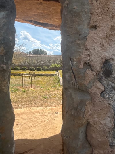 A view through a stone window or opening, possibly in Vera de Moncayo, Spain, reveals a lawn bordered by trees and a wall. The sky is visible in the upper left corner, showing clouds. The stonework of the opening appears weathered and rough. Several small trees are visible in the middle ground.